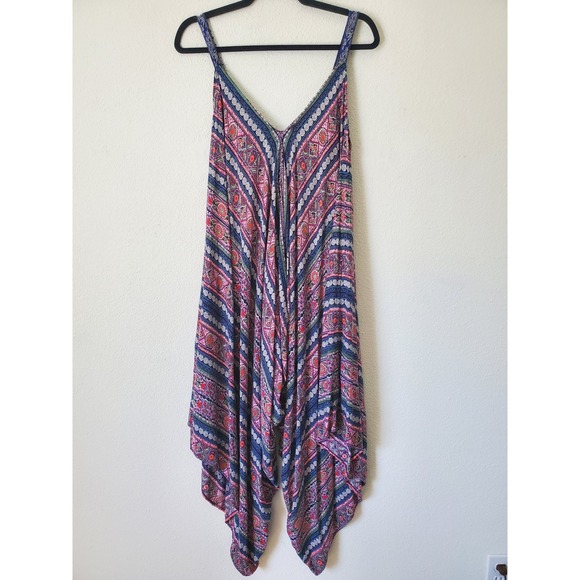 Angie Womens Large Rayon Harem Jumpsuit Boho Paisley Print Blue Festival Hippie - Picture 4 of 7